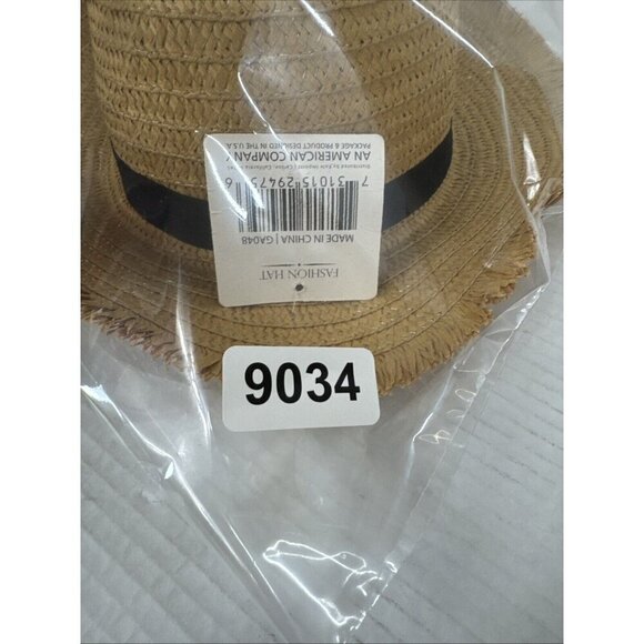 Fashion Hat Woven Sun Hat Fringed Grosgrain Ribbon Band NWT Tan Black 9034 - Picture 3 of 15